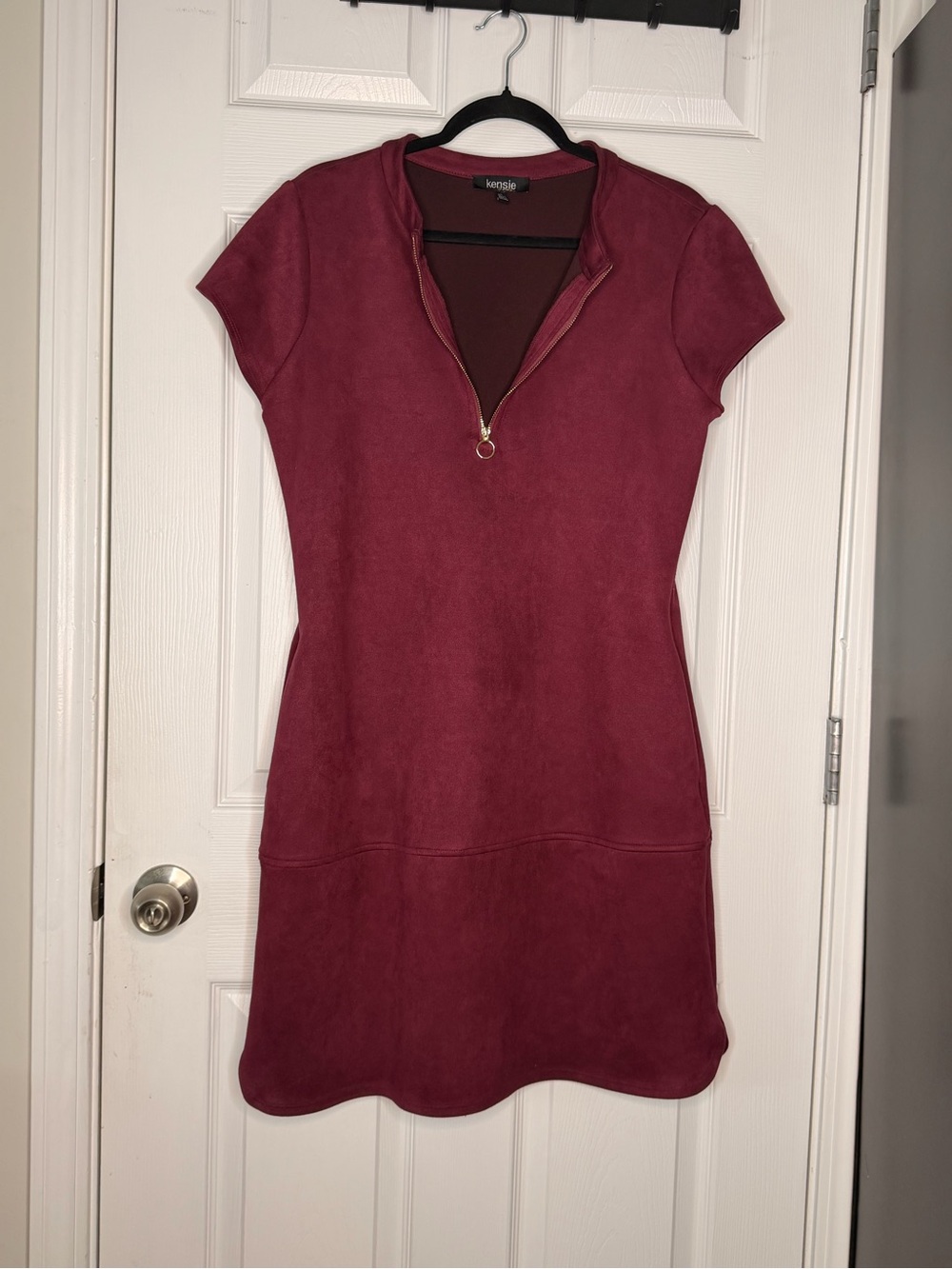 kensie Wine Short Sleeve Zip-Front Mini Dress - Picture 3 of 7